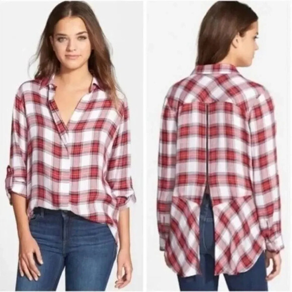 Sam Edelman Red & White Plaid Back Zip Long Sleeve Button Down XS - Picture 1 of 4